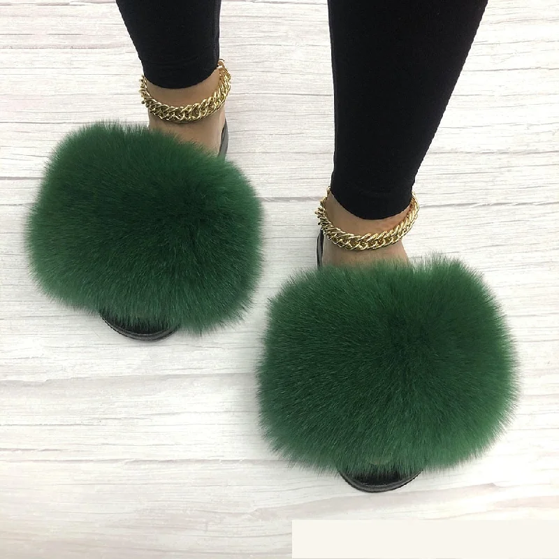 Women's Dark Green Summer Slides Fox Big Fur Fluffy House Slippers Ankle - High Military Boot Style  