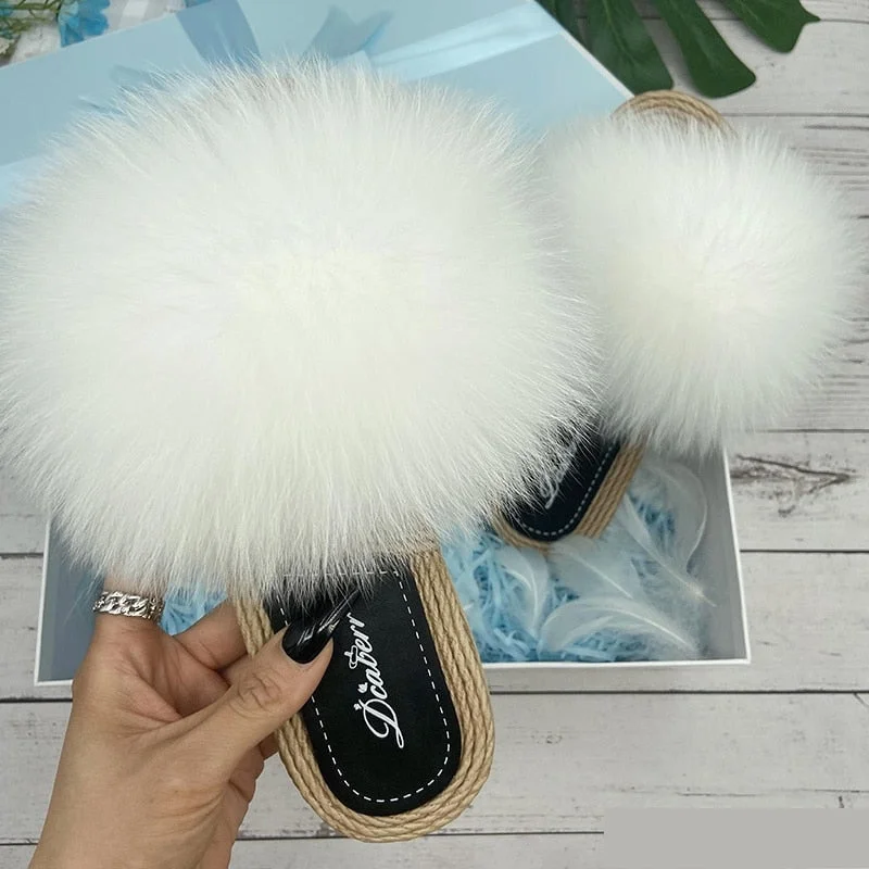 Women's Designer Natural Raccoon Fur Flip Flop Straw House Slippers Dressy Chelsea Boot Style 