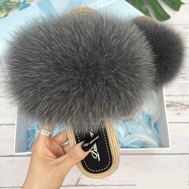 Women's Fashion Gray Color Natural Raccoon Fur Flip Flop Flat House Slippers Combat - Inspired Military Boot Look  