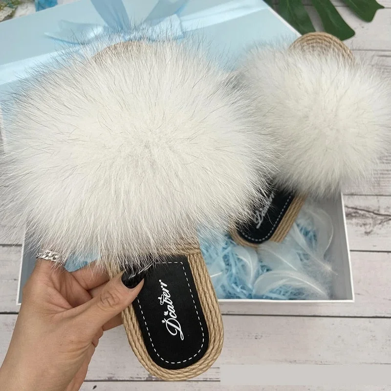 Women's Fashion Natural Raccoon Fur Flip Flop Flats House Slippers Hiking Boot Durability Style  