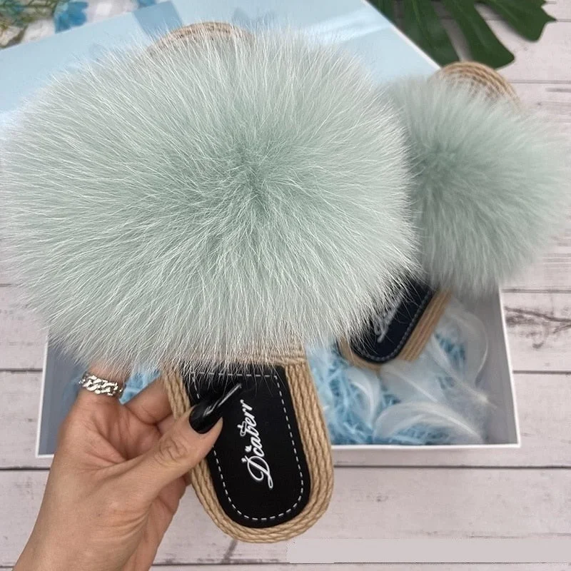Women's Flat Synthetic Straw Emerald Green Fox Fur Flip Flop Slippers Hip - Hop Sneaker Style  