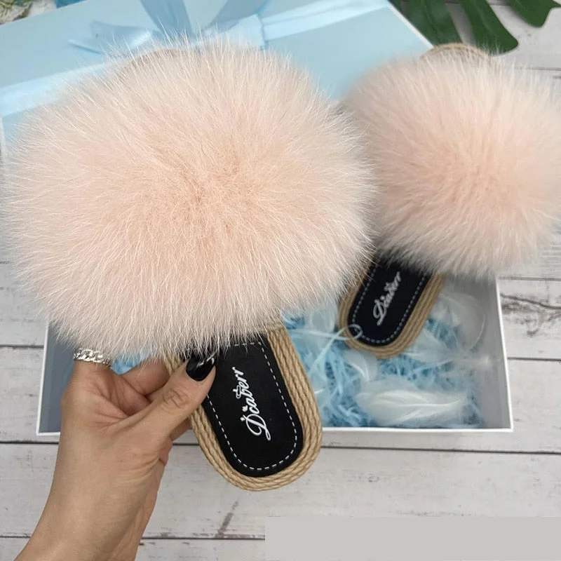 Women's Fluffy Fashion Natural Fox Fur Flat Flip Flop Straw House Slippers Aesthetic  