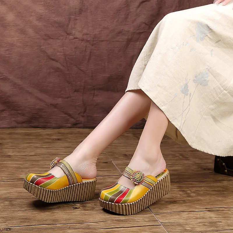 Women's Handmade Flower Slides Cover Toes Thick Heel Platform Slippers Metallic Trim Shoe Design  