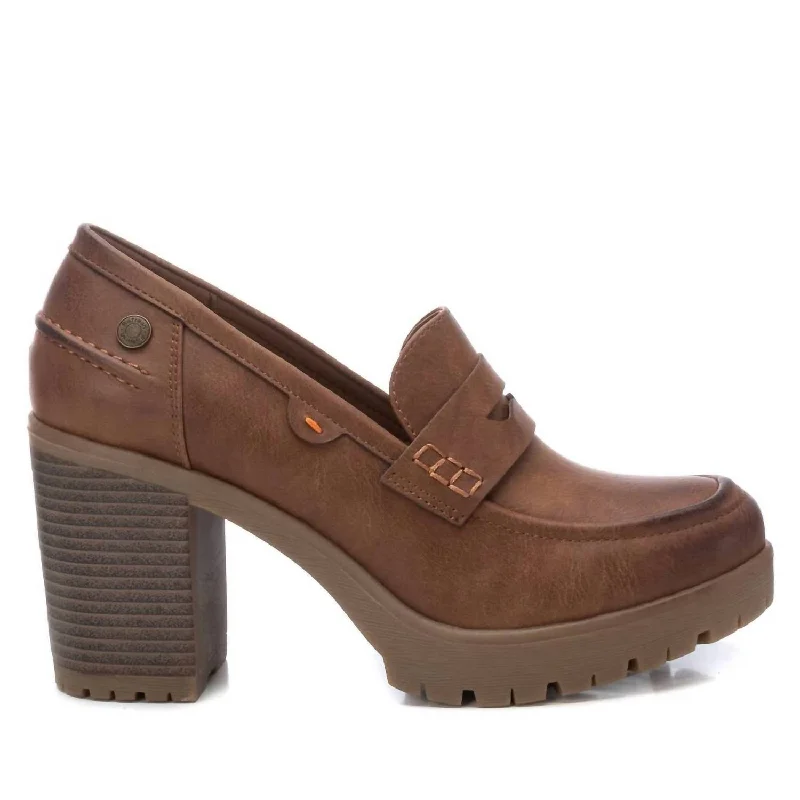 Women's Heeled Moccasins Shoes In Camel Casual Loafer Style          