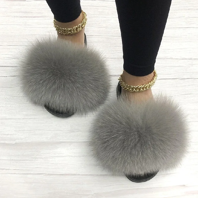 Women's Light Gray Fluffy Real Fox Fur Flip Flops House Slippers Beaded Moccasin Design 