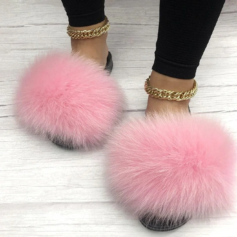 Women's Light Pink Summer Big Fluffy Real Fox Fur House Slippers Neon - Accent Sneaker Look  