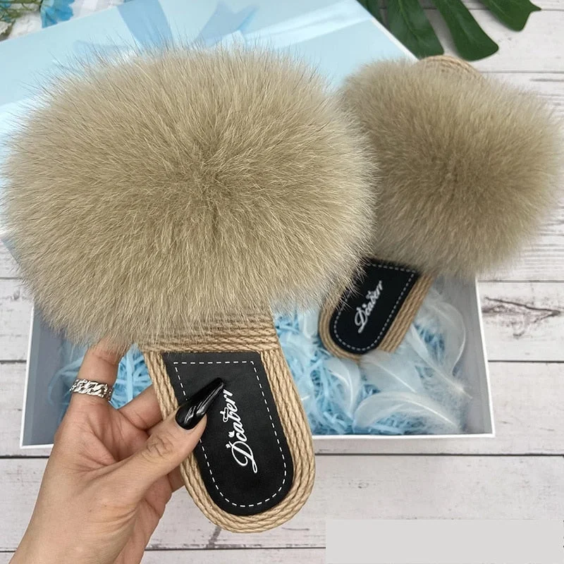 Women's Luxury Designer Natural Fox Fur Flip Flops Flats House Slippers Desert Boot Utility Style  
