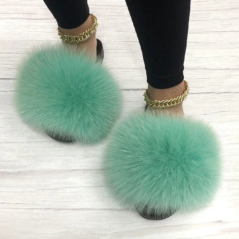 Women's Mint Green Summer Big Fluffy Real Fox Fur House Slippers Chunky Platform Sneaker Style  