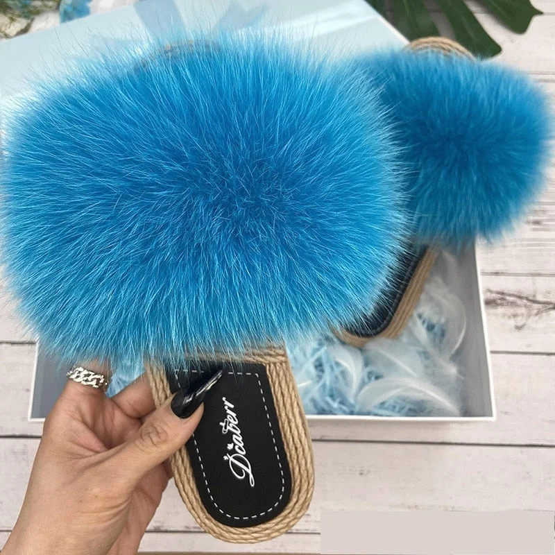Women's Natural Raccoon Synthetic Fur Flat Flip Flop Straw House Slippers Vintage Oxford Appeal 