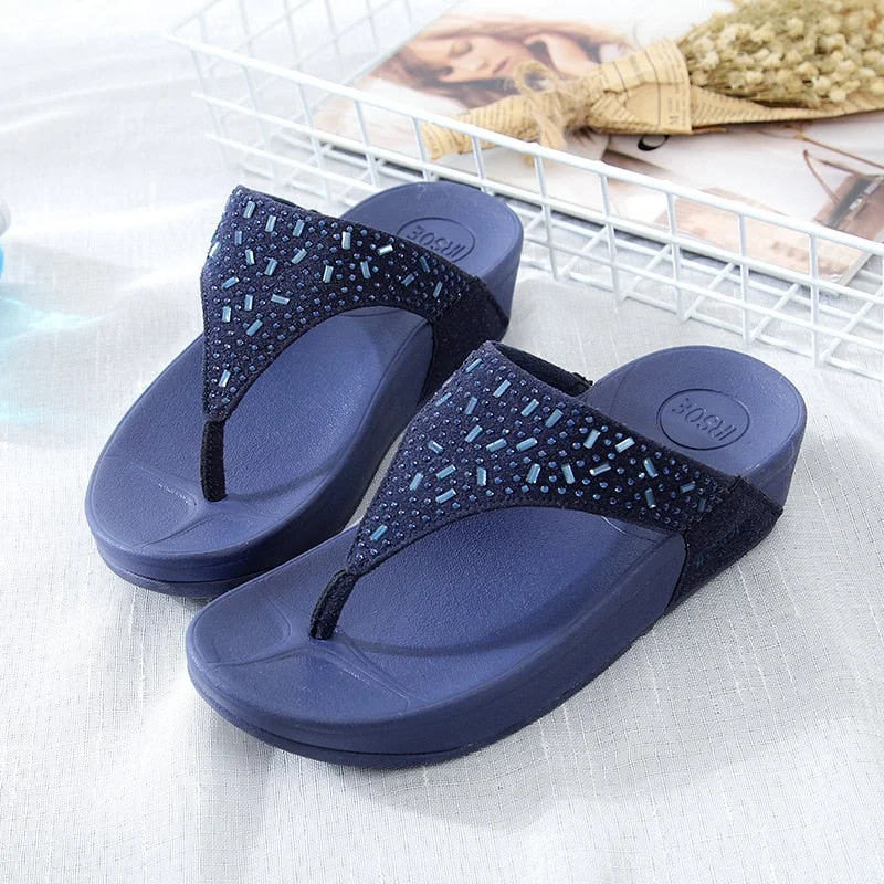 Women's Navy Blue Summer Crystal Diamond Gem Flat Flip Flop Slippers Inflatable Shoe Look 