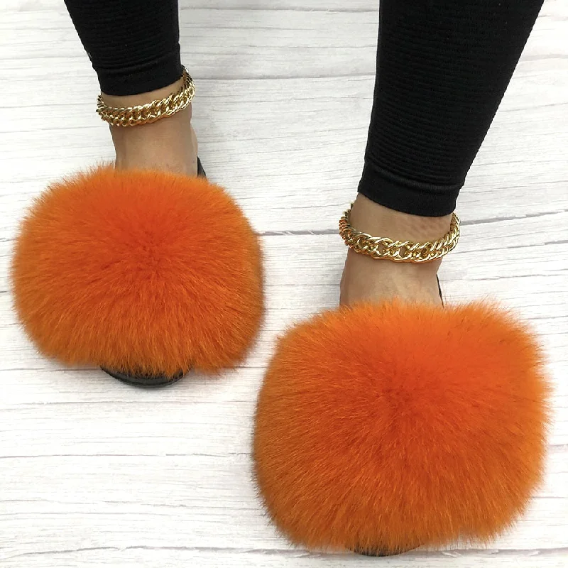 Women's Orange Summer Big Fluffy Real Fox Fur House Slippers Checkered Shoe Pattern Look  