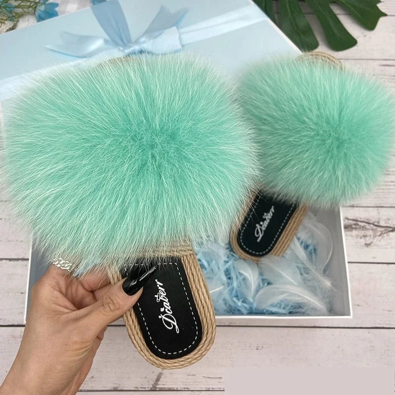 Women's Raccoon Natural Fox Synthetic Fur Flats Flip Flop House Slippers Ivy League Loafer Look 