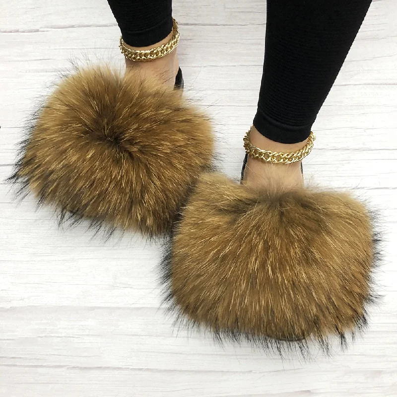 Women's Raccoon Summer Big Fluffy Real Fox Fur House Slippers Ivy League - Inspired Derby Look 