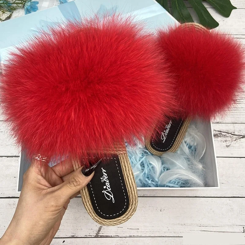 Women's Red Natural Fox Fur Flip Flop Flat Straw House Slippers Bespoke Shoe Aesthetic 