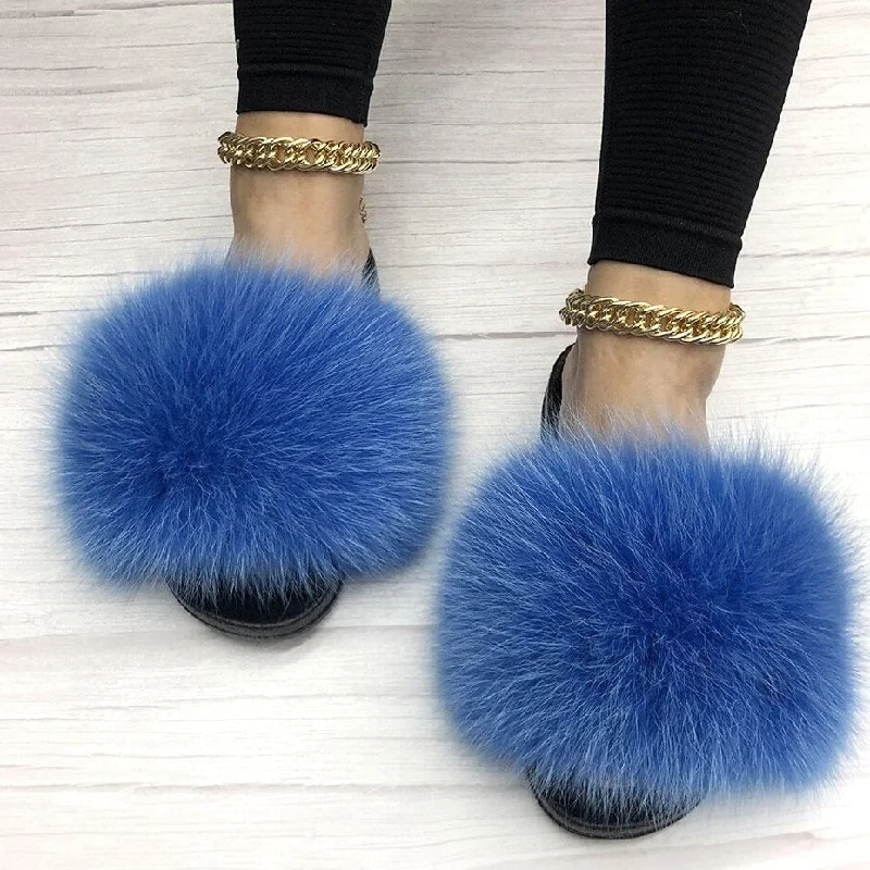 Women's Royal Blue Summer Big Fluffy Real Fox Fur House Slippers Edwardian Shoe Look  
