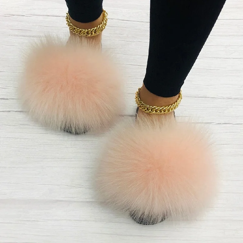 Women's Rubber Powder Summer Big Fluffy Real Fox Fur House Slippers Bespoke Shoe Aesthetic 