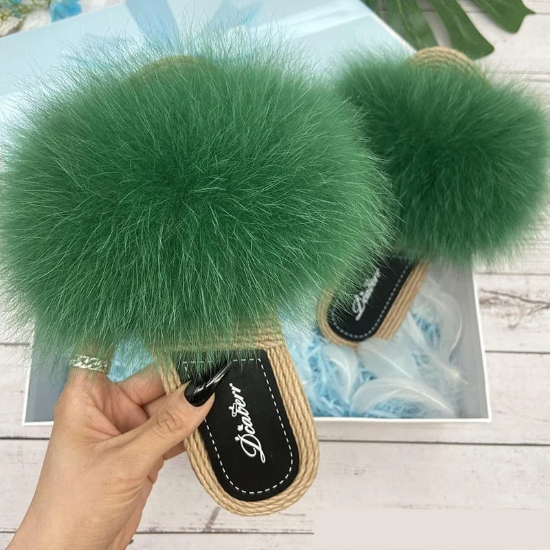 Women's Sexy Raccoon Natural Fox Fur Fluffy Flip Flop House Slippers Patchwork Shoe Aesthetic  