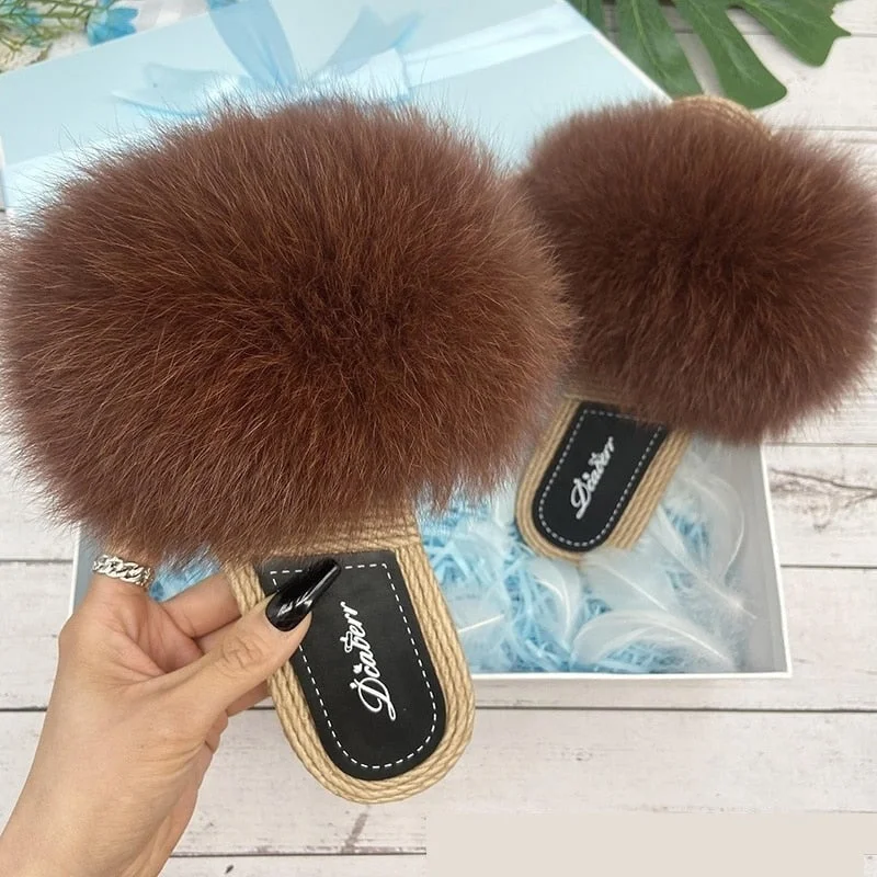 Women's Sexy Summer Raccoon Natural Fox Fur Flip-Flop Slippers Paisley Print Shoe Design  