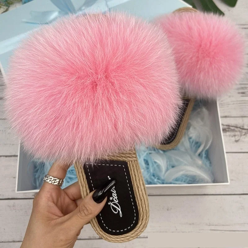 Women's Sexy Summer synthetic Straw Fluffy Fur Flip Flop House Slippers Blue Coast Loafer Aesthetic 