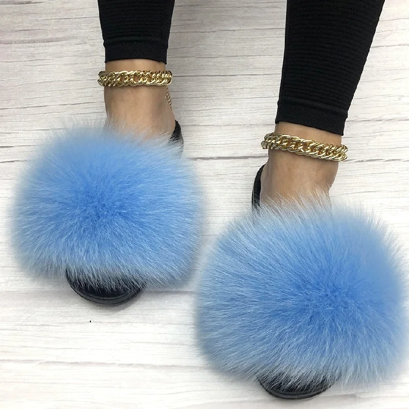 Women's Sky Blue Big Fluffy Real Fox Fur Flip Flops House Slippers Glow - in - the - Dark Shoe Design  
