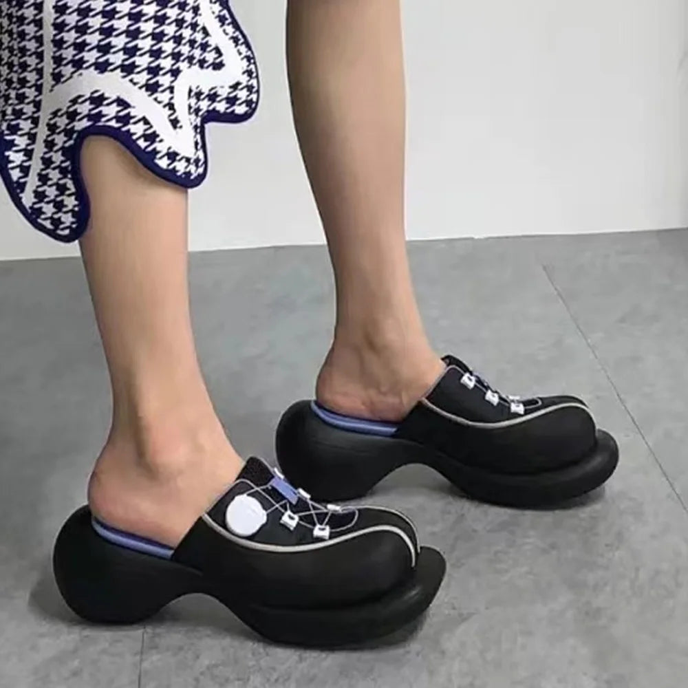 Women's Square Toe Cross Tied Thick Soled Slip On Summer Slippers Quilted Shoe Design  