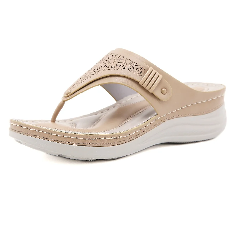 Women's Summer Beige Leisure Style Solid Pattern Flat Flip-Flop Slippers Comfortable Derby Style  