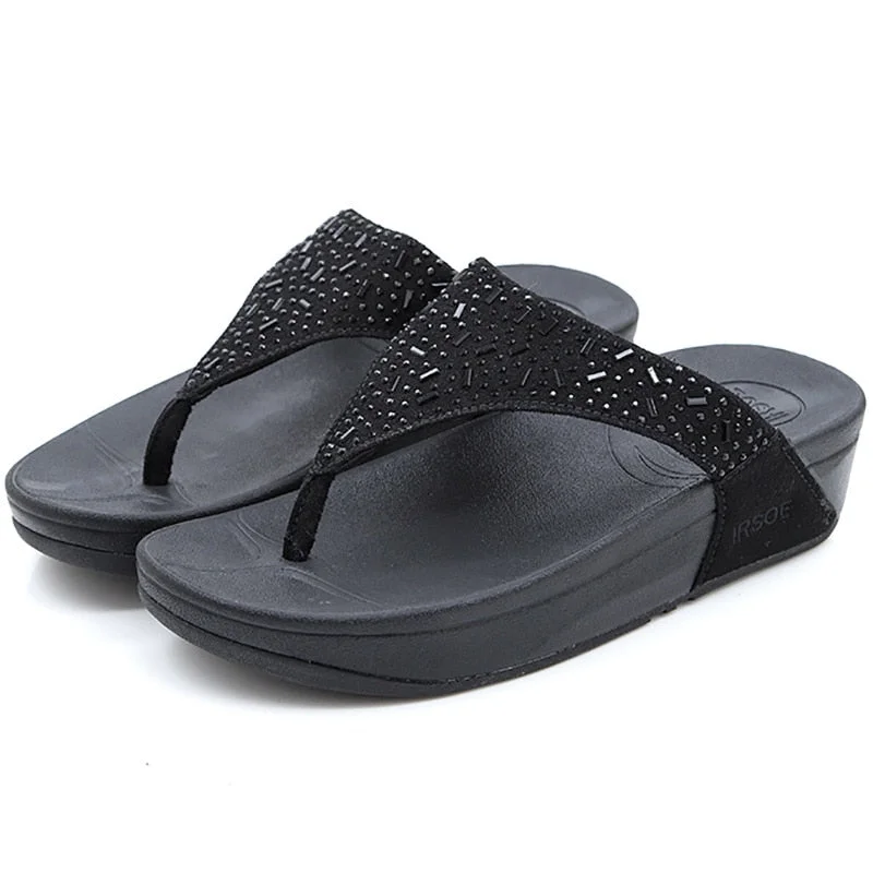 Women's Summer Black Crystal Diamond Gem Flat Flip Flop Slippers Wingtip Oxford Design 