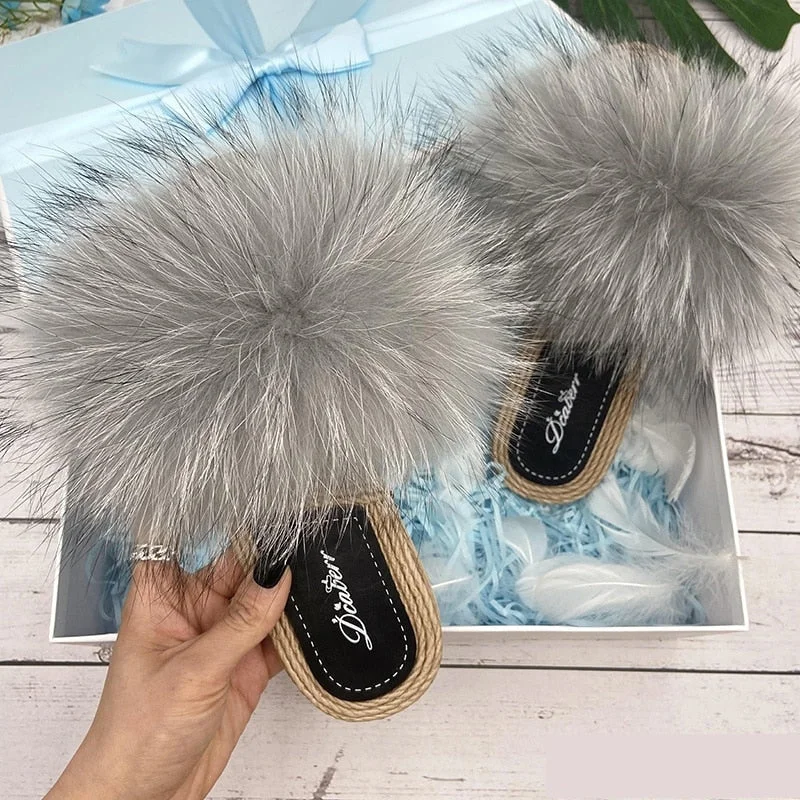Women's Summer Natural Fox Fur Fluffy Flip Flop House Slippers Performance Running Sneaker Look  