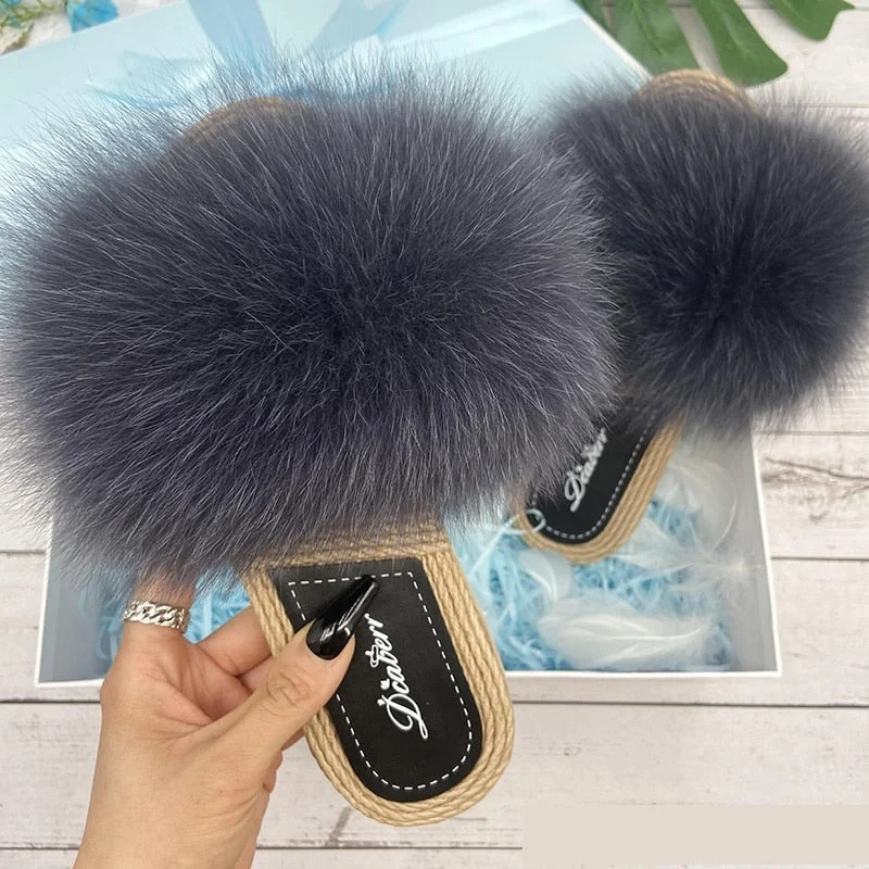 Women's Summer Natural Raccoon Fur Slides Flip Flop Indoor Slippers Distressed Leather Shoe Style  
