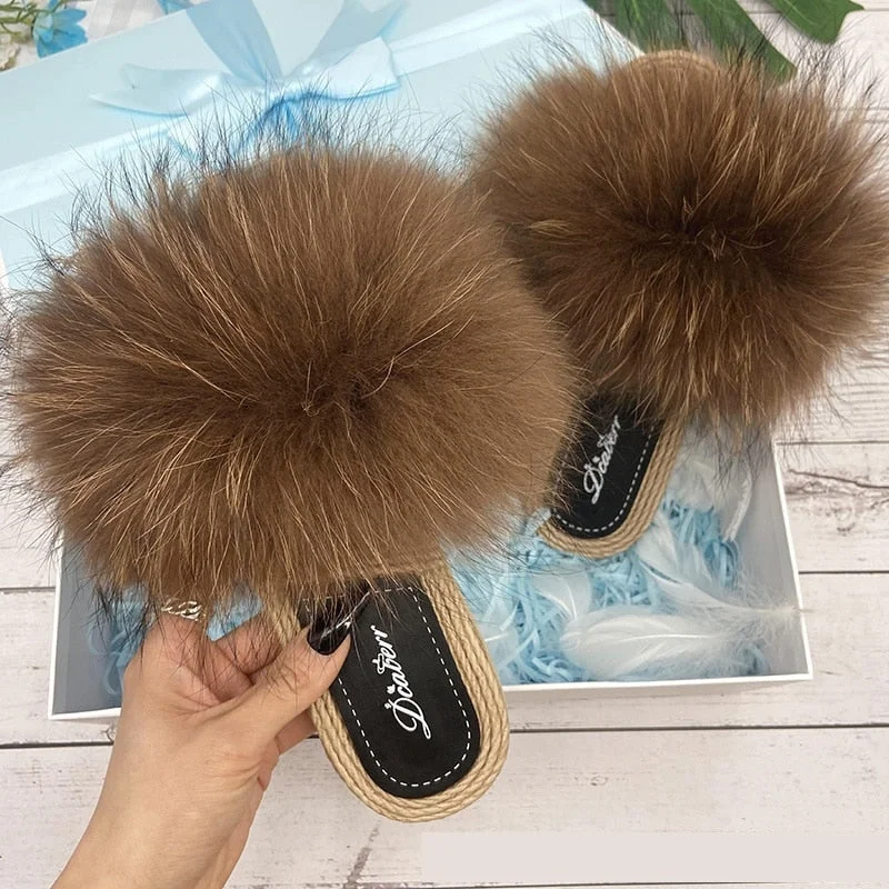 Women's Summer Natural Raccoon Fur Slides synthetic Straw Flip Flop Slippers Monochromatic Shoe Look  