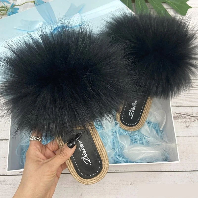 Women's Summer Raccoon Fluffy Fur Flip Flop Sandals House Slippers Tailored Oxford Style 