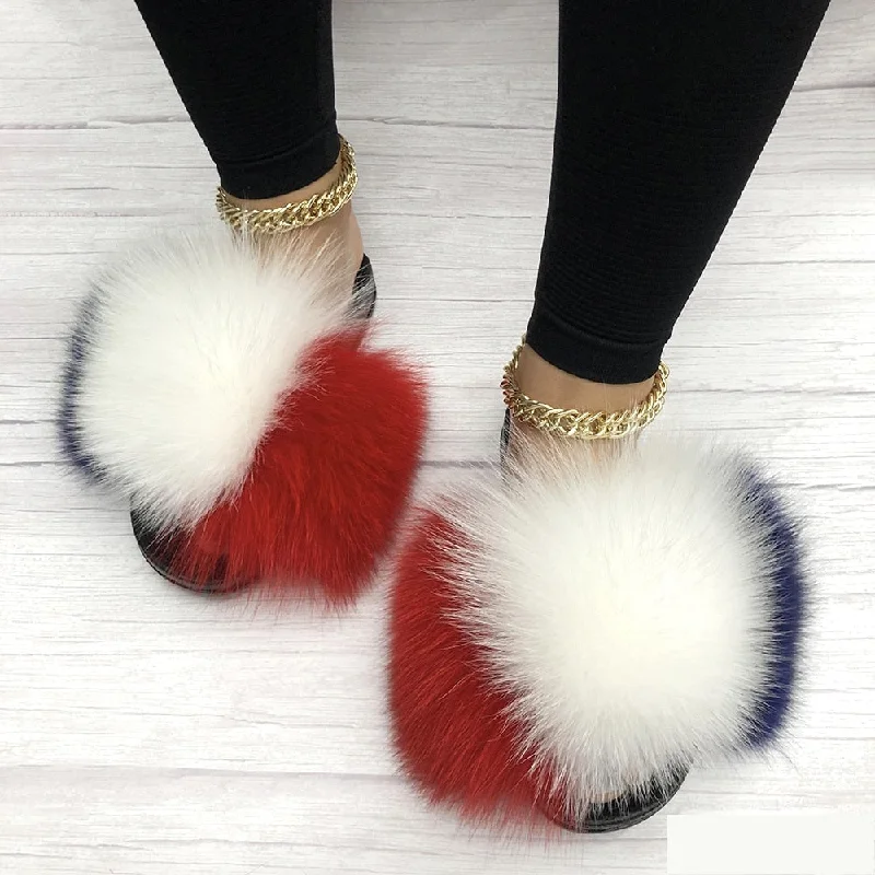 Women's Summer Sexy Slides Fox Big 2 Fur Fluffy House Slippers Checkered Shoe Pattern Look  