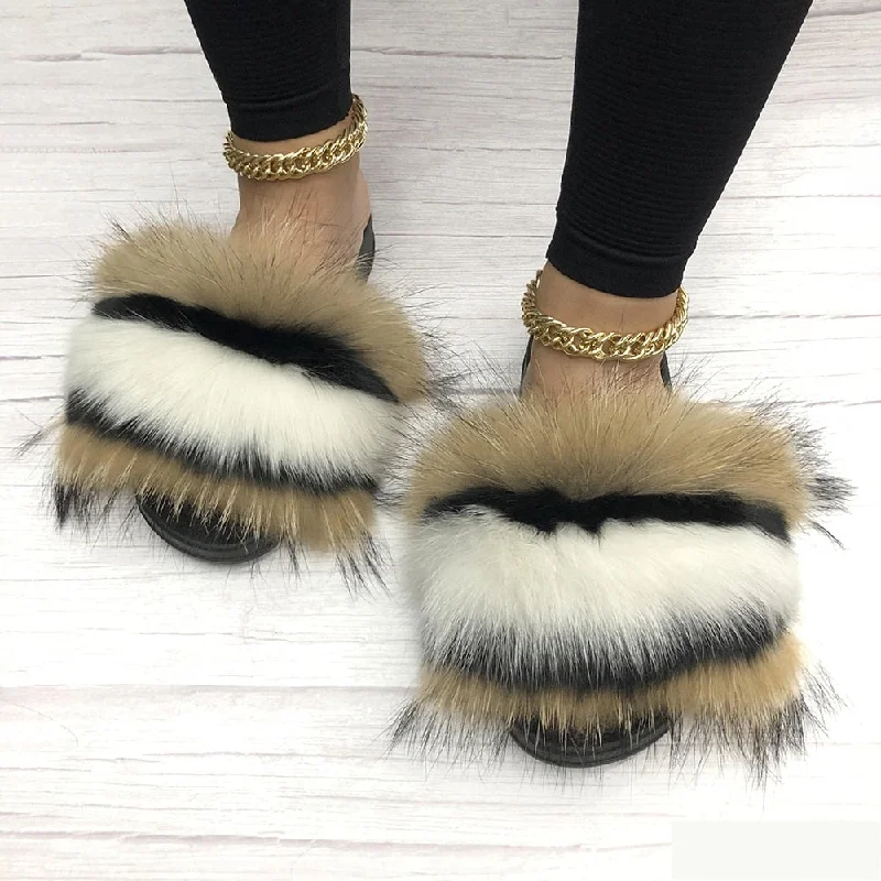 Women's Summer Sexy Slides Fox Big Fur 5 Fluffy House Slippers Distressed Leather Shoe Style  