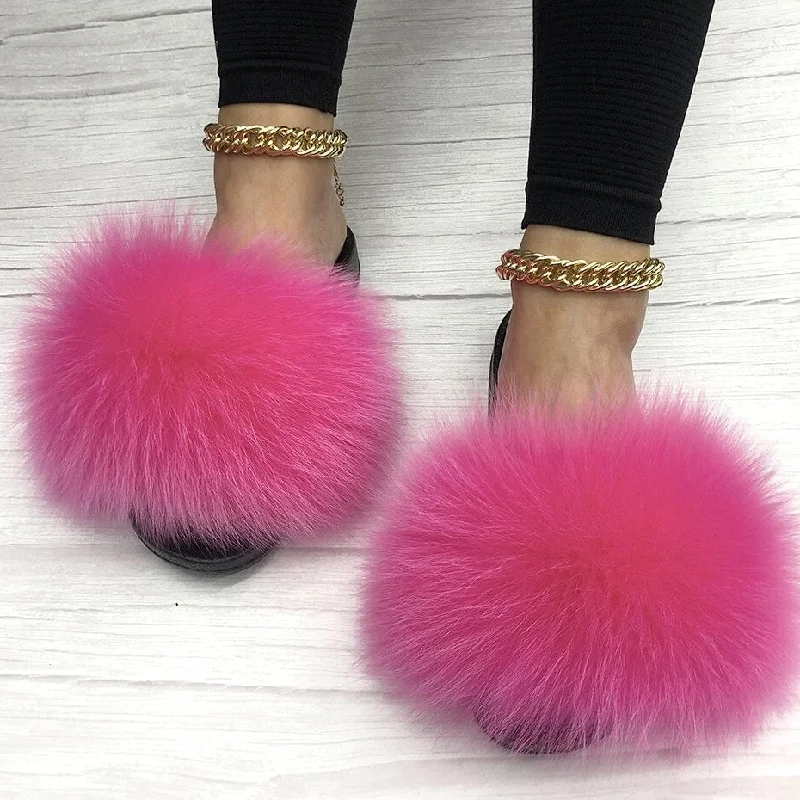 Women's Summer Sexy Slides Fox Big Fur Fluffy House Slippers Ivy League - Inspired Derby Look 