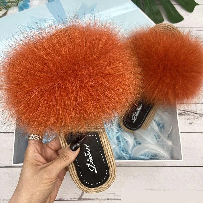 Women's Summer synthetic Straw Natural Fox Fur Flip Flop Fluffy Slippers Zip - Up Boot Style  