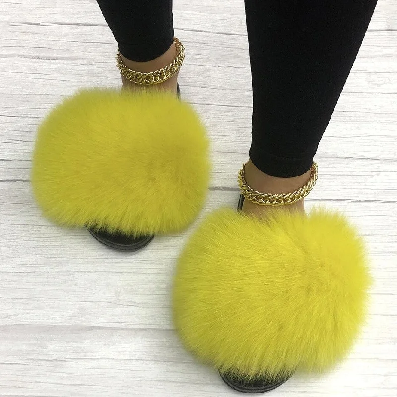 Women's Summer Yellow Indoor Synthetic Big Fur Sexy House Slippers Brogue Oxford Aesthetic 