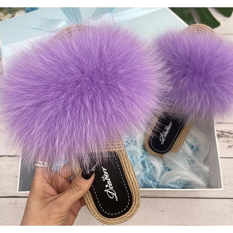 Women's Taro Purple Natural Raccoon Fur Slide Synthetic Straw Flip Flop Sandals Ivy League - Inspired Derby Look 
