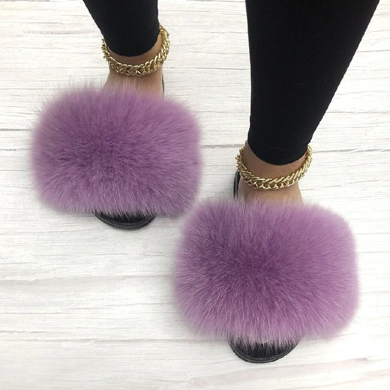 Women's Taro Purple Summer Big Fluffy Real Fox Fur House Slippers Zip - Up Boot Style  