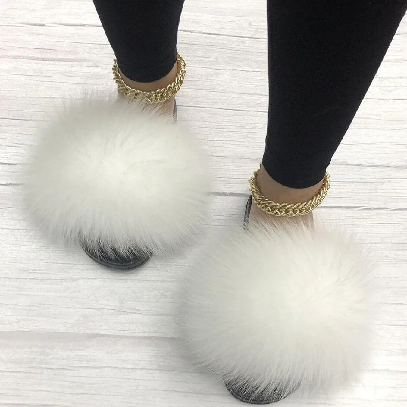 Women's White Summer Big Fluffy Real Fox Fur Flip Flops House Slippers Blue Coast Loafer Aesthetic 