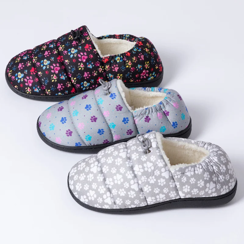 Paw Print Puffy Fleece-Lined Slippers with Toggle Ivy League Loafer Look 