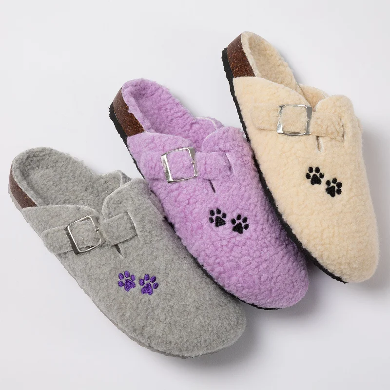 Paw Print Plush Sherpa Fleece Clog Slippers Business Monk Strap Style  