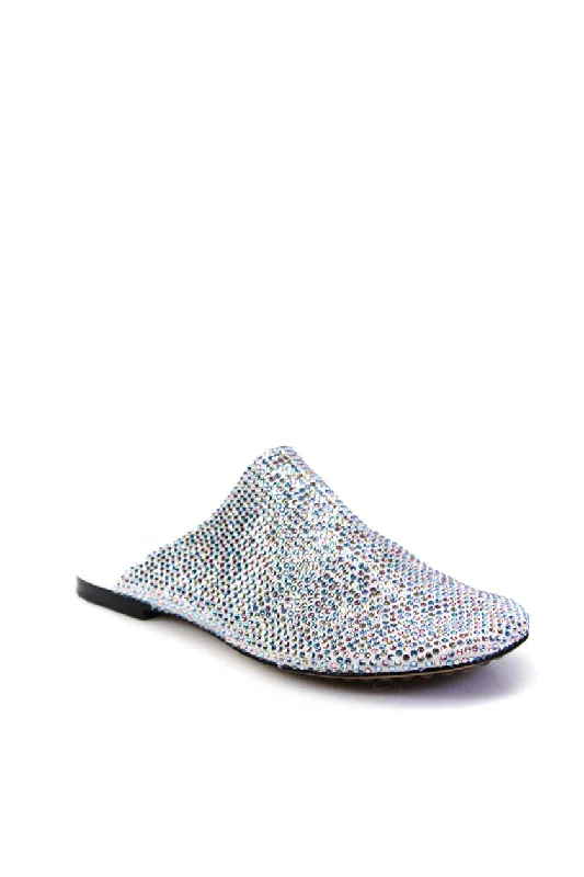 Bottega Veneta Womens White Multicolor Crystal Flat Mules Shoes Distressed Leather Shoe Style  