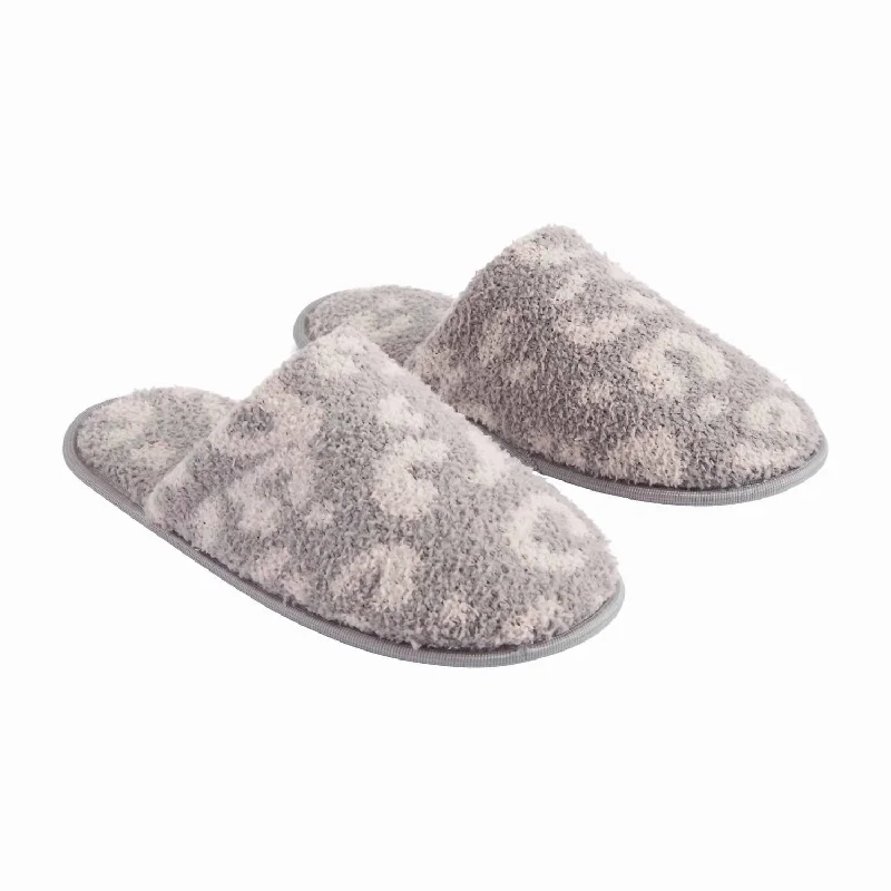 Chenille Leopard Slippers In Grey Buckle -