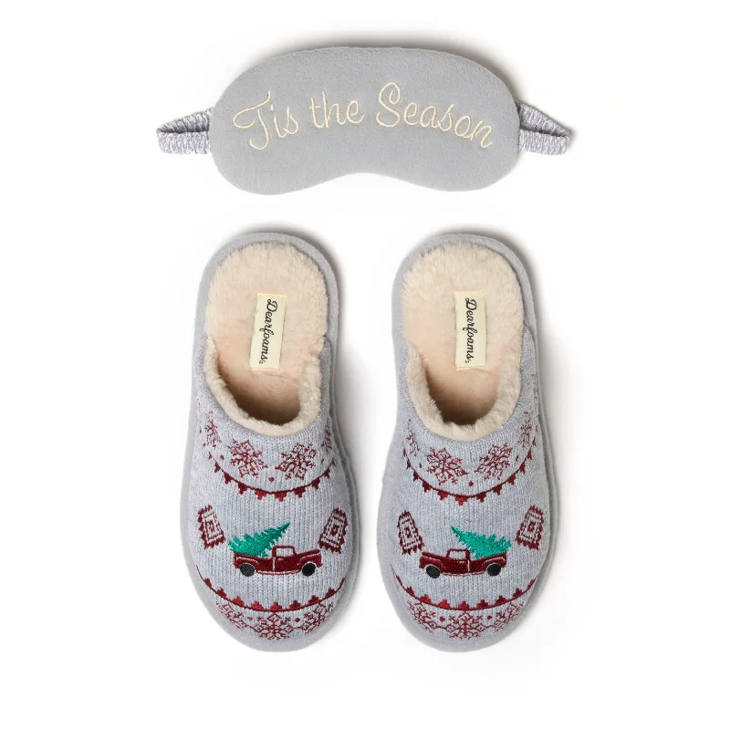 Dearfoams Women's Novelty Christmas Knit Scuff Slipper and Eyemask Gift Set Beaded Moccasin Design Dearfoams Women's Novelty Christmas Knit Scuff Slipper and Eyemask Gift Set Beaded Moccasin Design