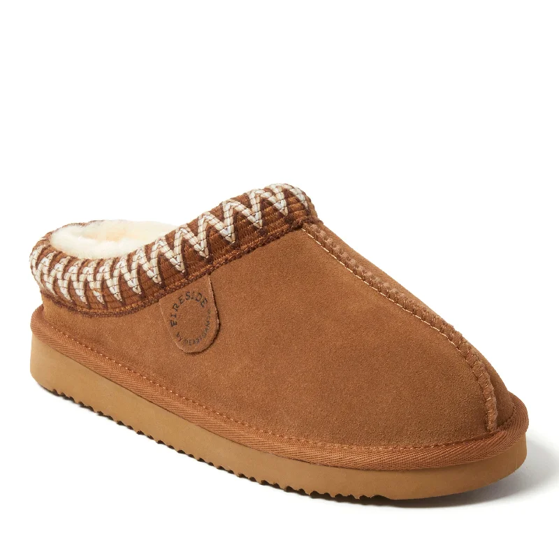 Fireside by Dearfoams Women's Greta Genuine Shearling Clog Slipper with Taping Embroidered Cowboy Boot Design  