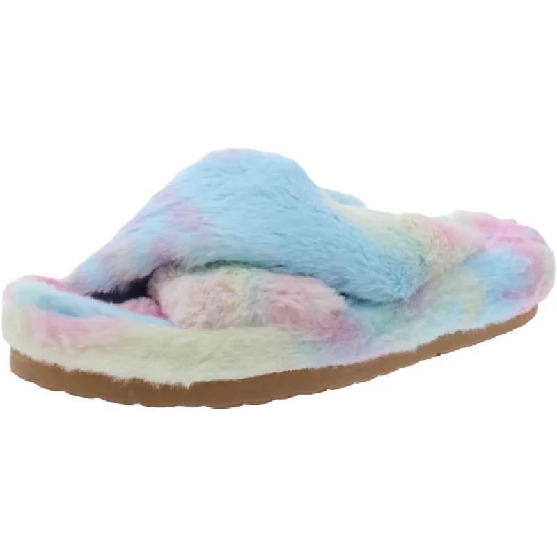 Franz Womens Slip On Faux Fur Slide Slippers Metallic Trim Shoe Design  