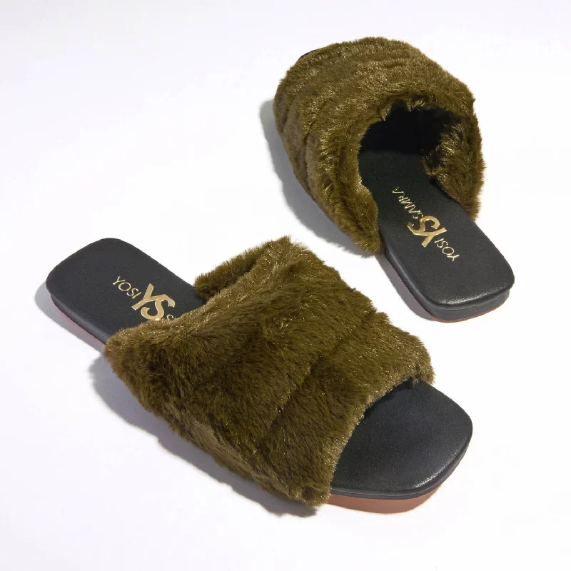 Nora Slipper in Olive Faux Fur Ivy League Loafer Look 