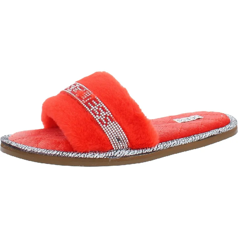 Slippy Womens Faux Fur Rhinestone Slide Slippers Open - Lacing Derby Look  