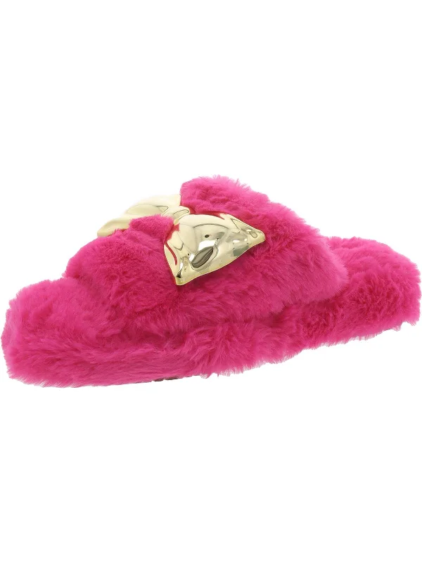 THE FUZZY BOW Womens Faux Fur Rubber sole Slide Slippers Wingtip Oxford Design 