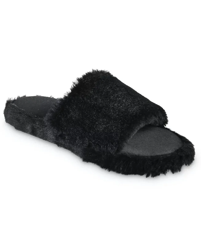 Women's Faux Fur And Satin Tabby Slipper In Black Waterproof Hiking Boot Design  